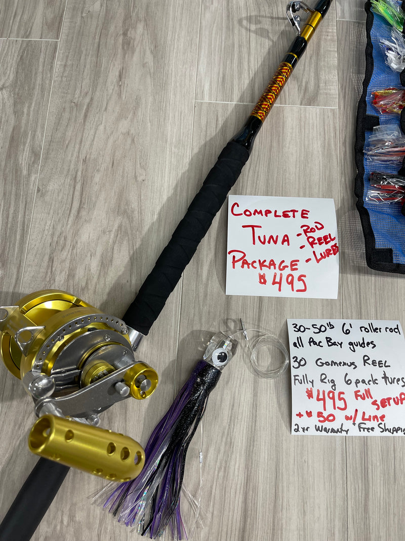 Complete Tuna Package (50lb Roller Rod, 30W Reel & 6pack Trolling Lure Complete Tuna Package (50lb Roller Rod, 30W Reel & 6pack Trolling Lure