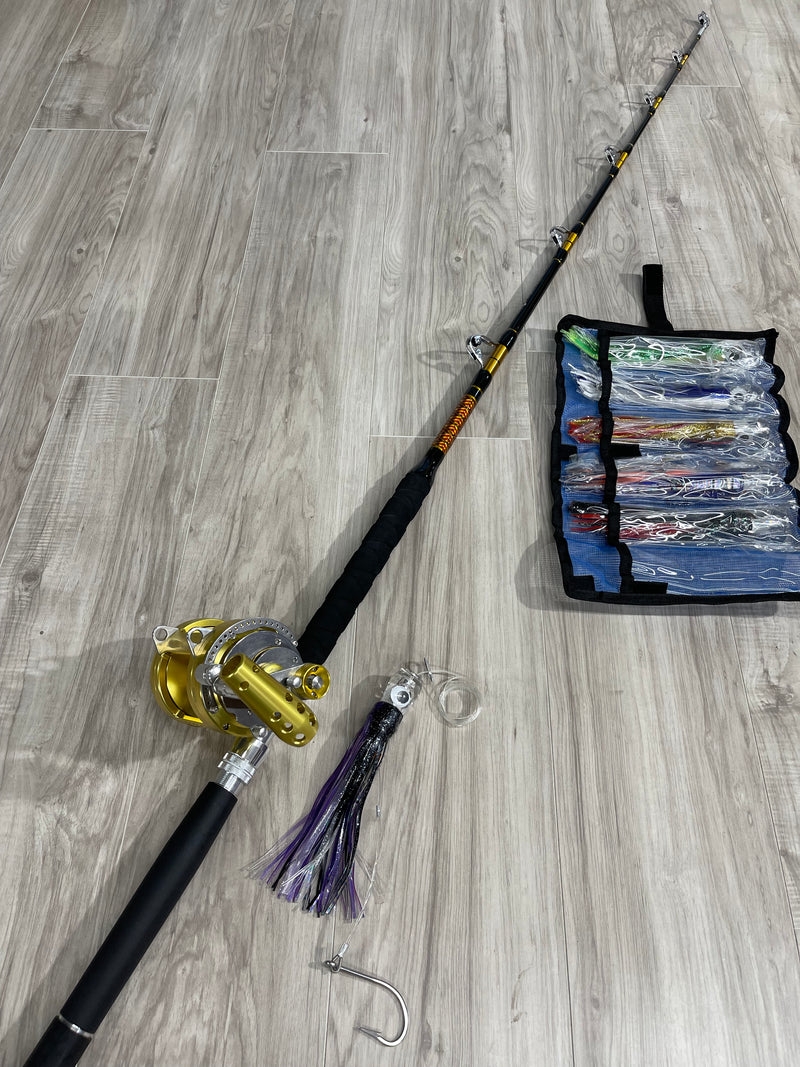 Complete Tuna Package (50lb Roller Rod, 30W Reel & 6pack Trolling Lures) Complete Tuna Package (50lb Roller Rod, 30W Reel & 6pack Trolling Lures)