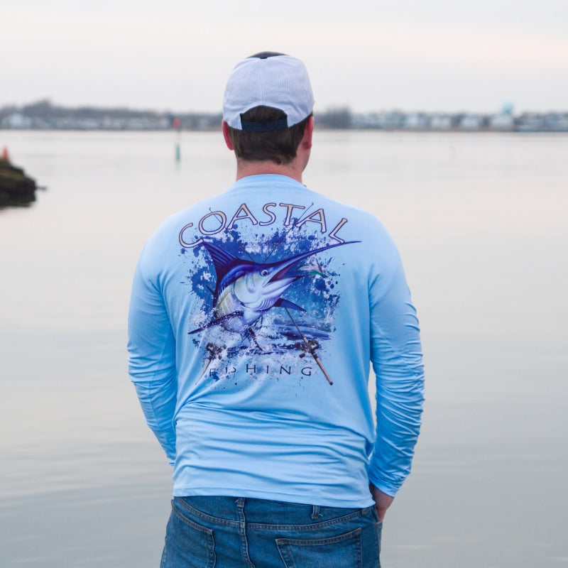 Coastal Blue Men's Long Sleeve QuickDry Fishing Shirt - Marlin Design - Coastal Fishing 