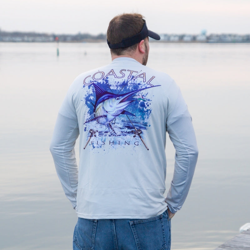 Coastal Gray Men's Long Sleeve QuickDry Fishing Shirt - Marlin Design - Coastal Fishing 