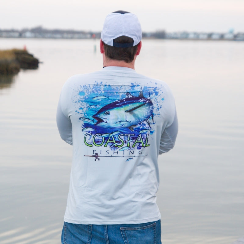 Coastal Gray Men's Long Sleeve QuickDry Fishing Shirt - Tuna Design - Coastal Fishing 