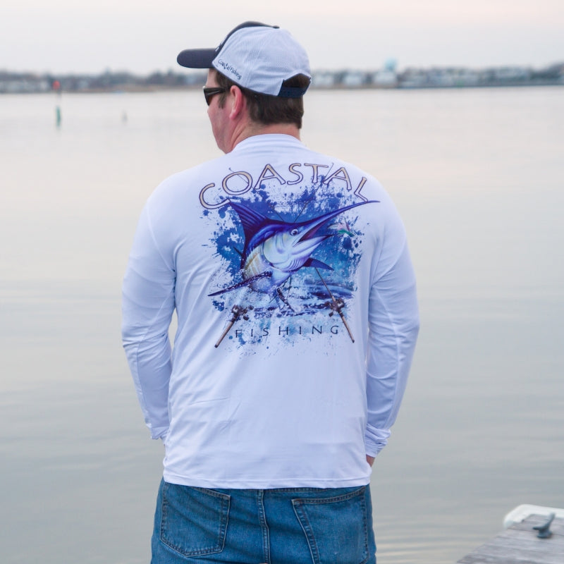 Coastal White Men's Long Sleeve QuickDry Fishing Shirt - Marlin Design - Coastal Fishing 